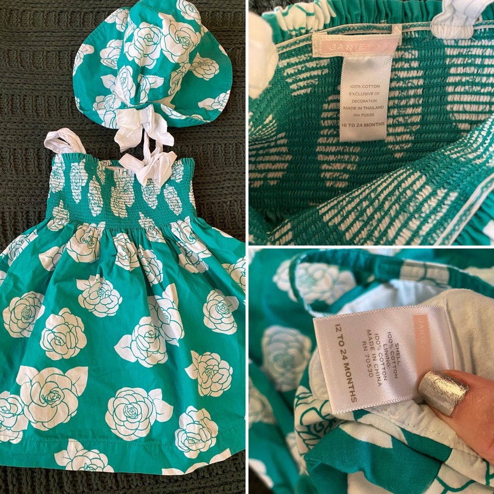 Janie and Jack Green & White Floral Dress & Hat